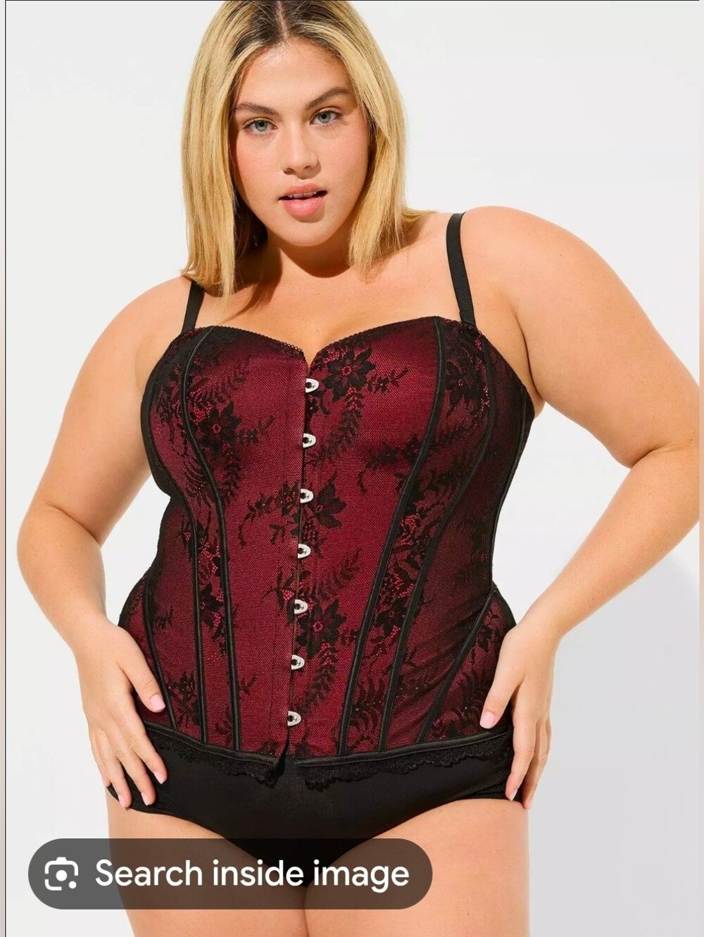 Elegant burgundy corset-style bustier with black lace overlay